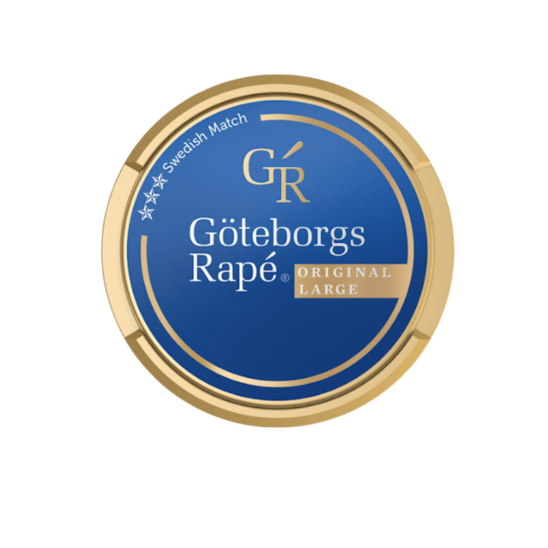 Göteborgs Rapé Original Large Portion Snus Dose mit blauem Design und goldenem Rand