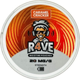 R4VE Caramel Cracker Nicotine Pouches 20 mg/g Dose mit orangem Design und Karmelgeschmack