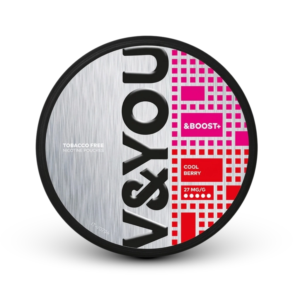 V YOU Boost+ Cool Berry Nicotine Pouches, 27 mg/g, tabakfrei, Dose mit rot-weißem Design