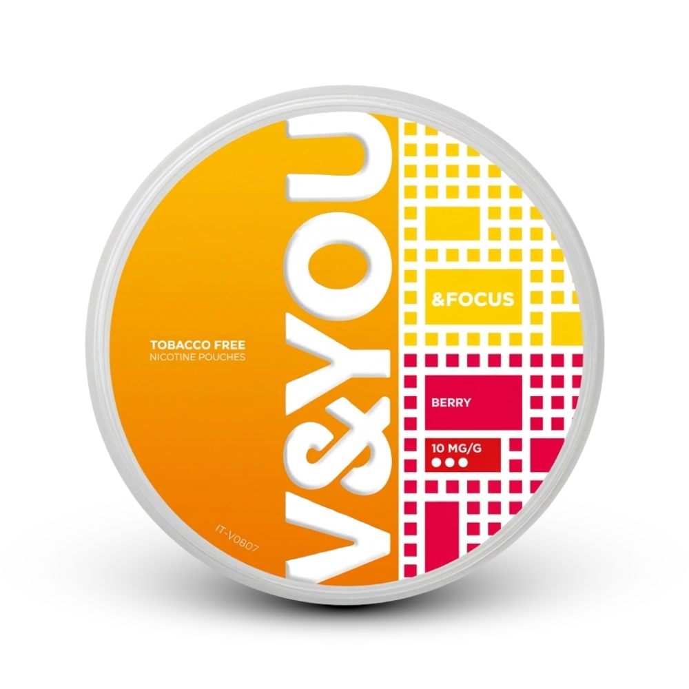 V YOU Focus Berry Nicotine Pouches, 10 mg/g, tabakfrei, Beerenaroma in runder Dose mit orangeweißem Design