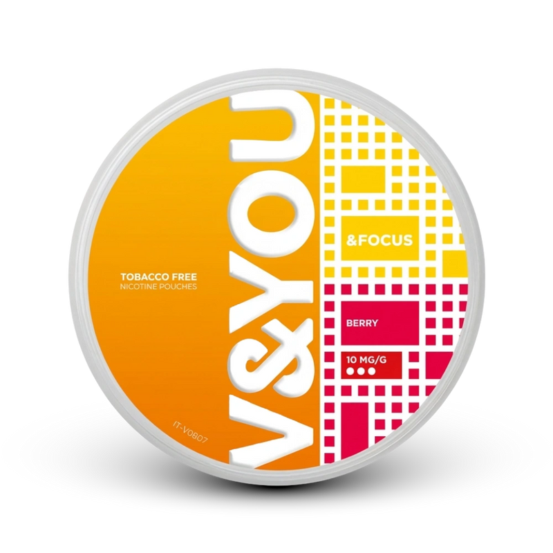 V YOU Focus Berry Nicotine Pouches, 10 mg/g, tabakfrei, Beerenaroma in runder Dose mit orangeweißem Design