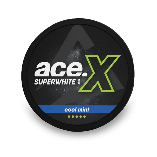 ace X Superwhite Cool Mint Nicotine Pouches Dose mit schwarzem Design und grünem X-Logo
