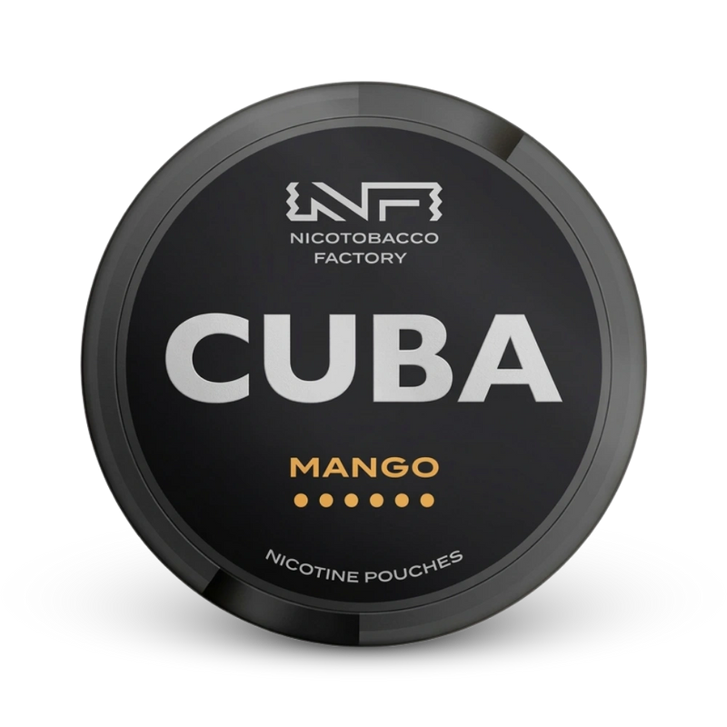 Cuba Nicotine Pouches Mango schwarze Dose von Nicotobacco Factory mit Extra-Stark Stärkeindikator