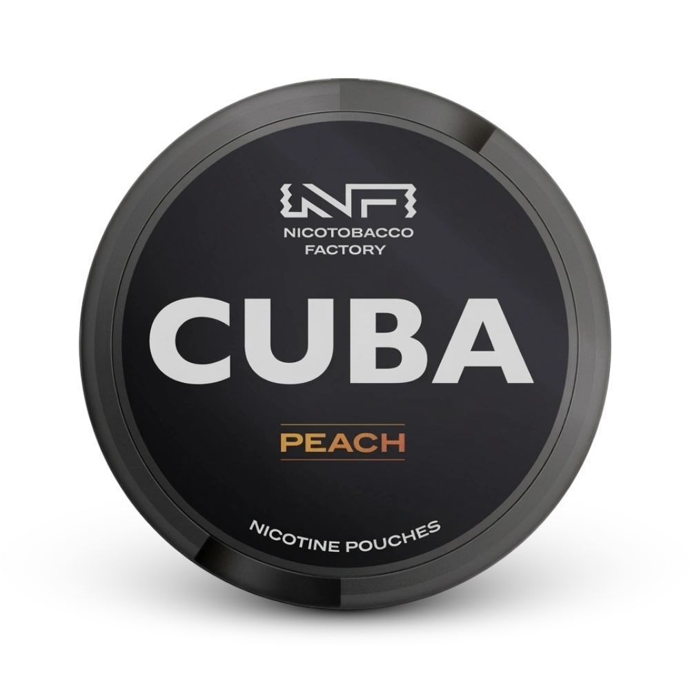 Cuba Peach Nicotine Pouches von Nicotobacco Factory in schwarzer Dose mit Pfirsich-Geschmack