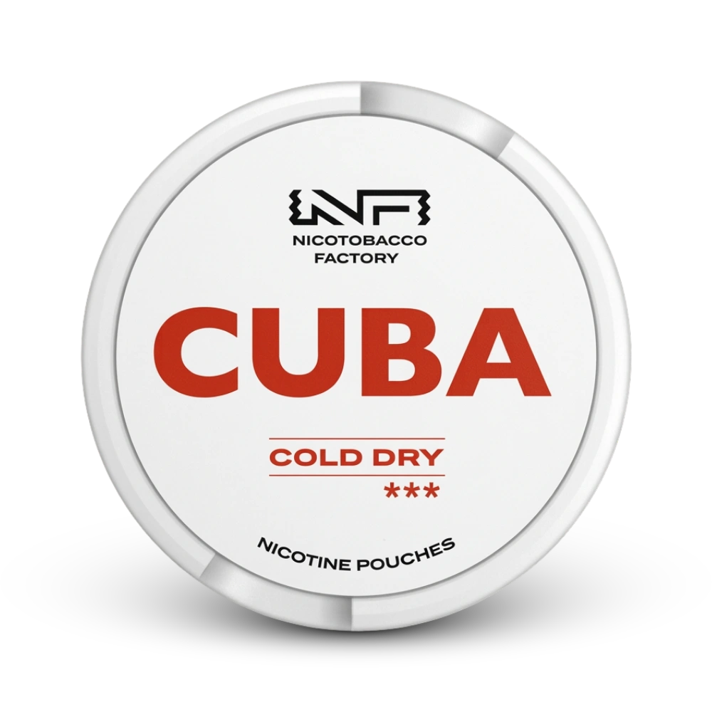 Cuba Cold Dry Nicotine Pouches von Nicotobacco Factory, weiße Dose mit rotem Logo, mittlere Stärke