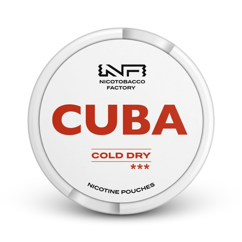 Cuba Cold Dry Nicotine Pouches von Nicotobacco Factory, weiße Dose mit rotem Logo, mittlere Stärke
