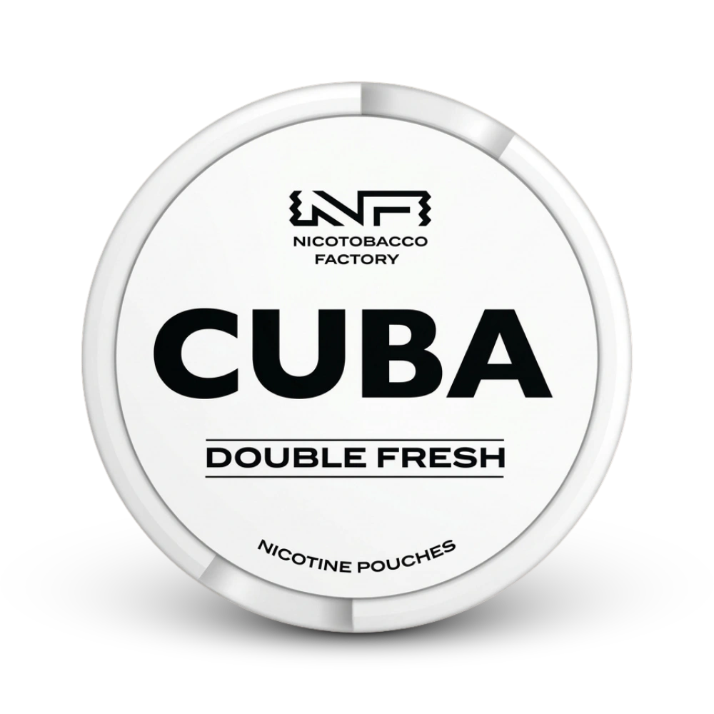 Cuba Double Fresh Nicotine Pouches von Nicotobacco Factory, weiße Dose mit schwarzem Logo und Text