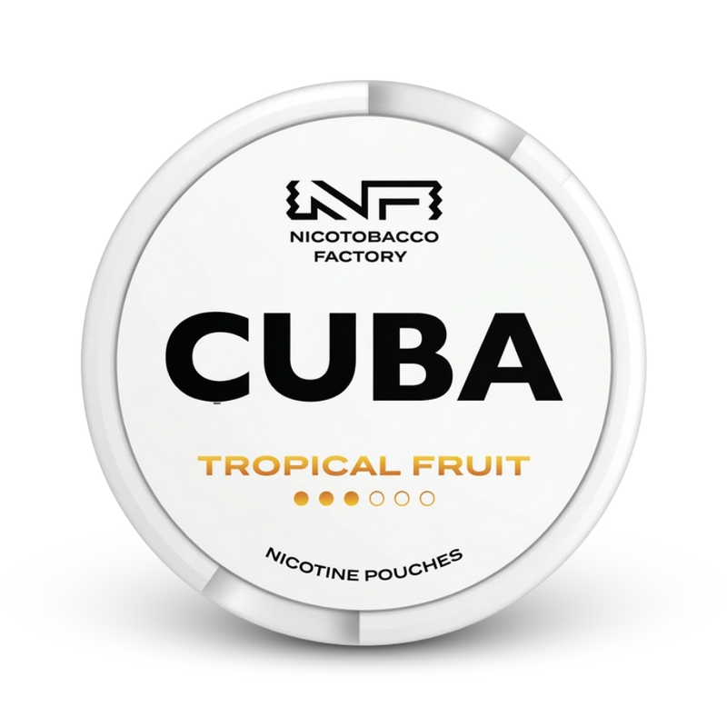 Cuba Tropical Fruit Nicotine Pouches von Nicotobacco Factory in weißer Dose mit tropischem Fruchtaroma