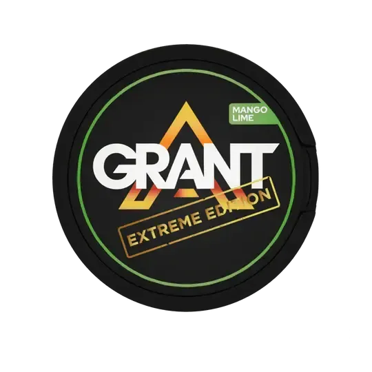 Grant Extreme Edition Mango Lime Nicotine Pouches Dose mit grünem Rand und gelbem Logo auf schwarzem Hintergrund