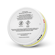 Heimat Nicotine Pouches Fresh Lemon 10 mg, 25 Beutel, Rückseite der weißen Dose mit gelben Streifen und Produktinformationen