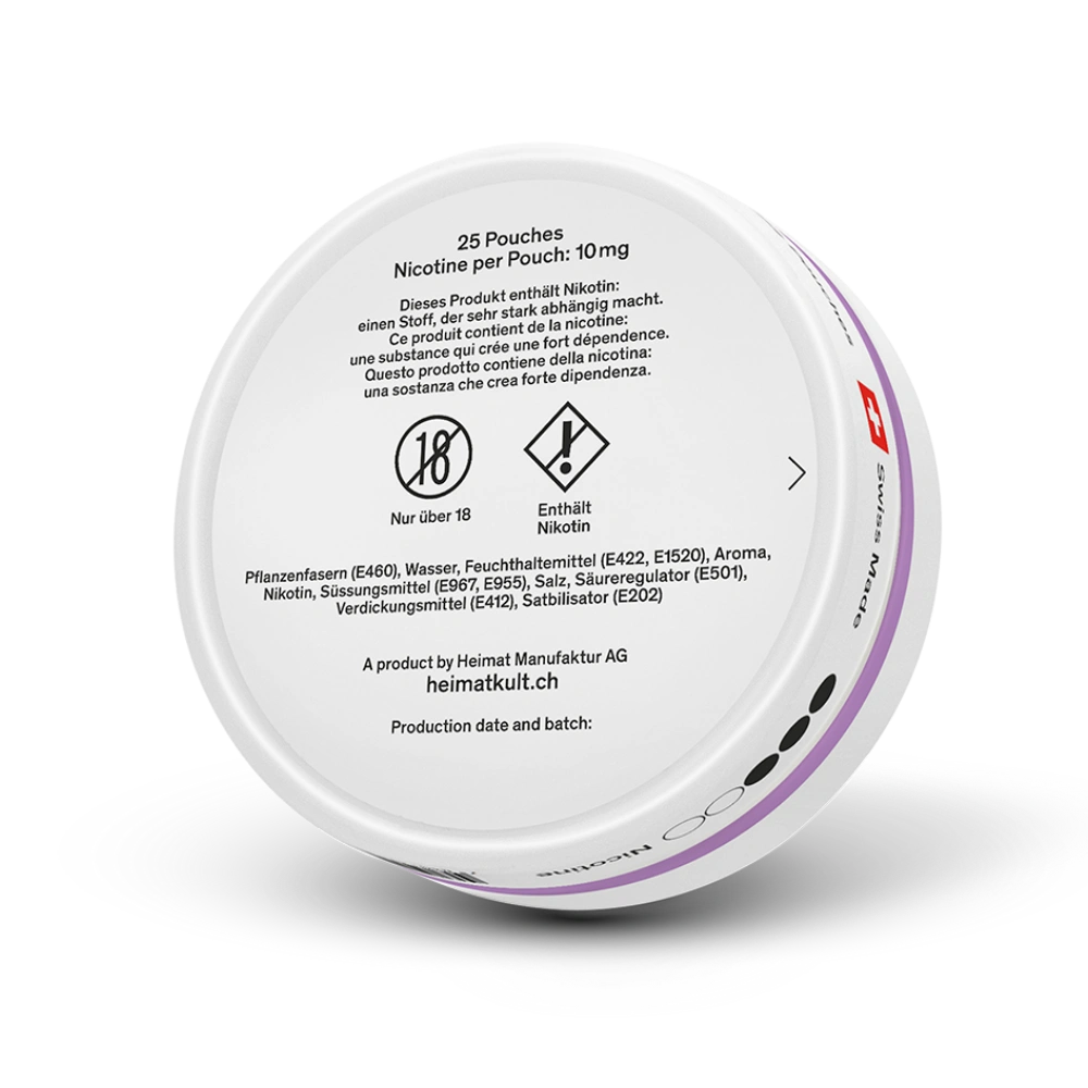 Heimat Nicotine Pouches 10mg Frosty Berry Dose mit 25 Pouchbeuteln und Zutatenliste auf Rückseite