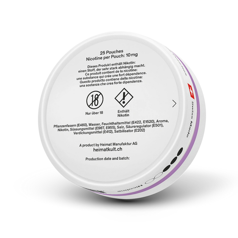 Heimat Nicotine Pouches 10mg Frosty Berry Dose mit 25 Pouchbeuteln und Zutatenliste auf Rückseite