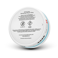 Heimat Nicotine Pouches Menthol 15mg, 25 Pouches, Rückseite Dose mit Produktinformationen und Inhaltsstoffen