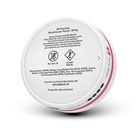 Heimat Wild Cherry Nicotine Pouches 15mg, 25 Stück, Rückseite Dose mit Inhaltsstoffen und Warnhinweisen