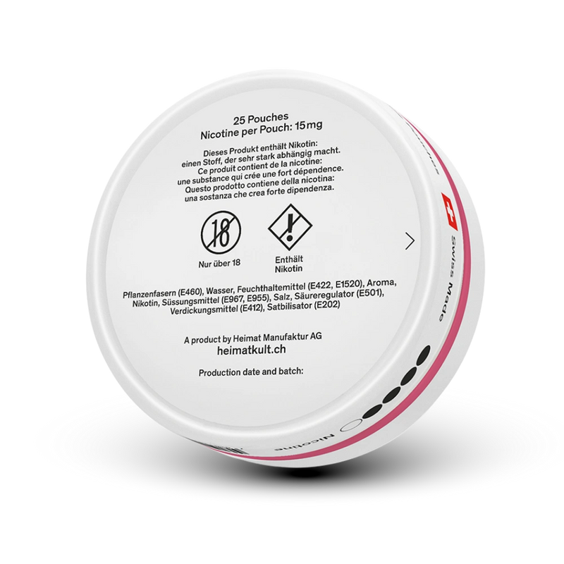 Heimat Wild Cherry Nicotine Pouches 15mg, 25 Stück, Rückseite Dose mit Inhaltsstoffen und Warnhinweisen