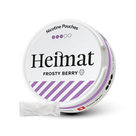 Heimat Nicotine Pouches Frosty Berry weiße Dose mit violetten Streifen und einzelnem Beutel