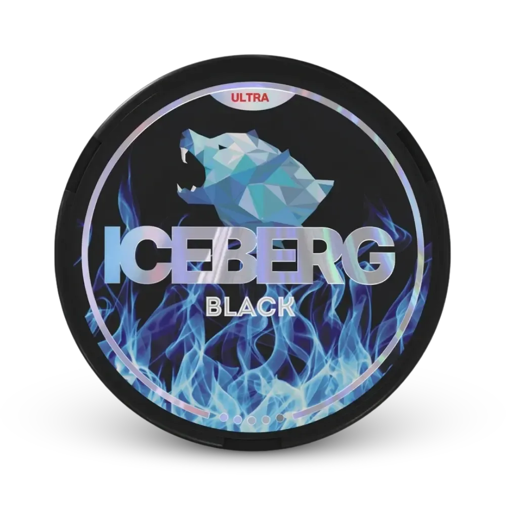 Iceberg Black Ultra Nicotine Pouches Dose mit Eis-Aroma und Wolfs-Design auf schwarzem Hintergrund