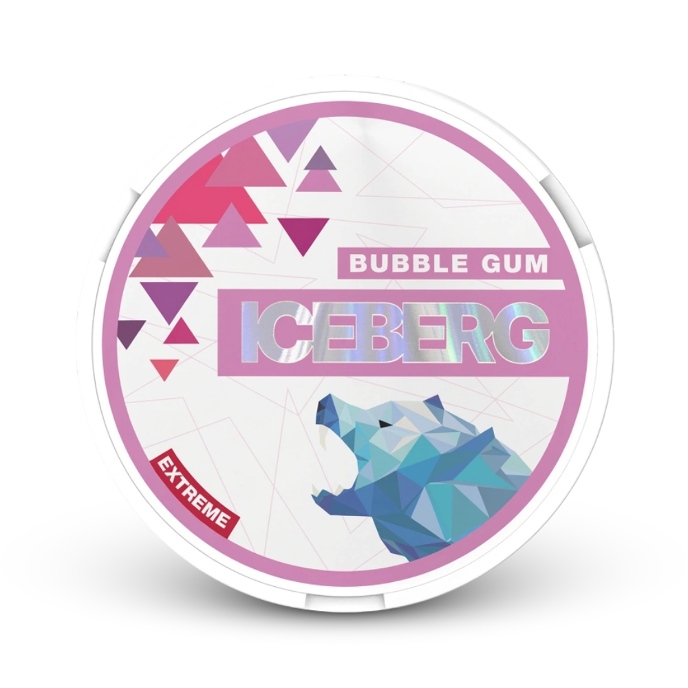Iceberg Bubble Gum Nicotine Pouches, Extra Stark, weiße Dose mit rosa und blauem Design