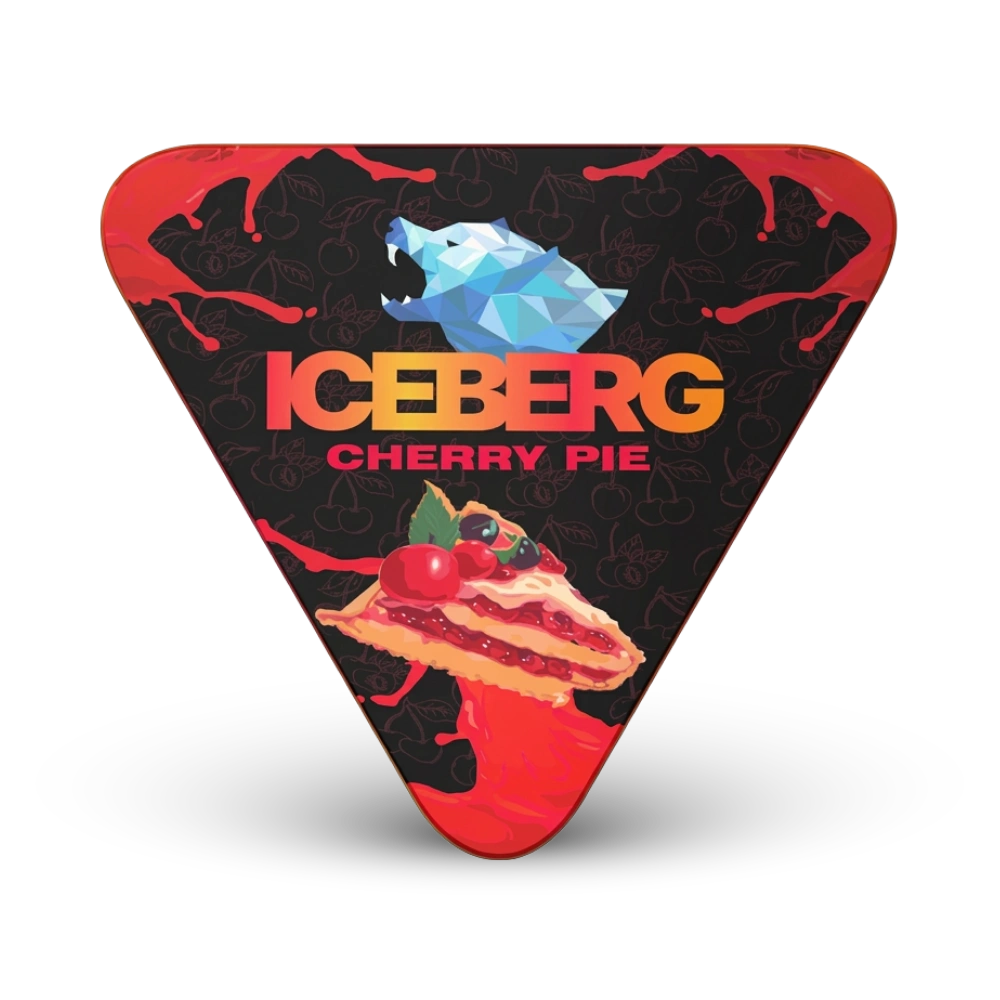 Iceberg Cherry Pie Nicotine Pouches in dreieckiger Dose mit Kirsch-Geschmack und Eisbär-Logo auf schwarzem Hintergrund