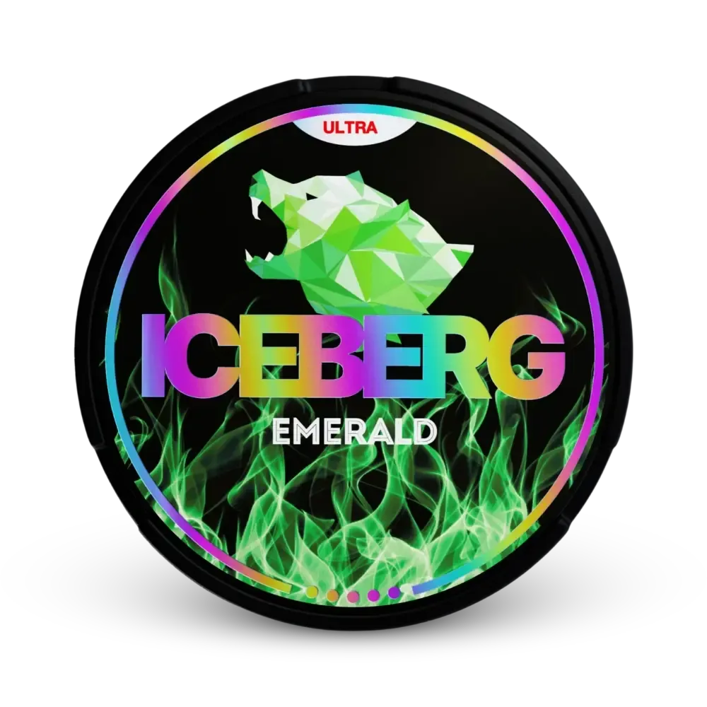Iceberg Emerald Ultra Nicotine Pouches Dose mit grünem Eisbär-Design und Rainbow-Rand