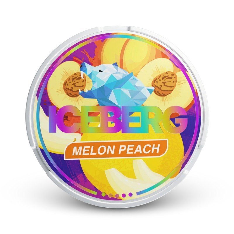 Iceberg Melon Peach Nicotine Pouches Dose mit farbenfrohem Design und Melone-Pfirsich-Geschmack