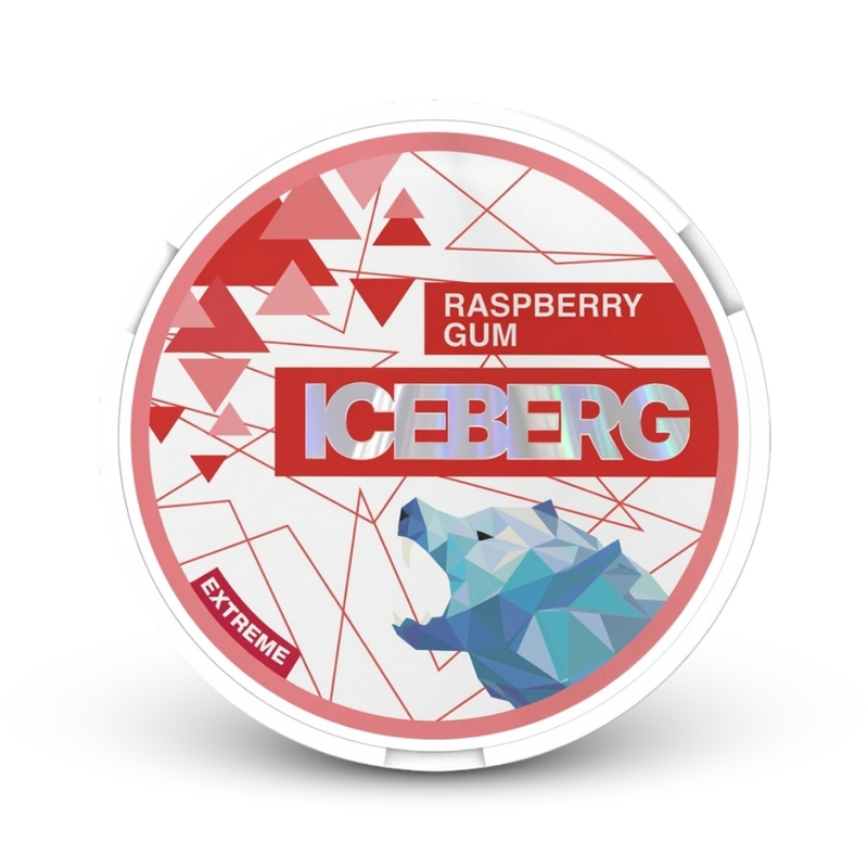 Iceberg Raspberry Gum Extreme Nicotine Pouches Dose mit rotem Design und Eisbär-Motiv
