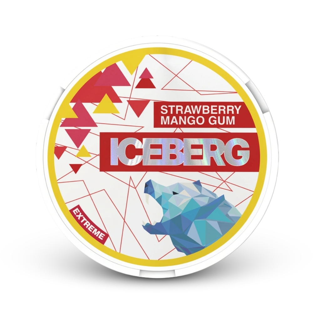 Iceberg Strawberry Mango Gum Nicotine Pouches Extreme Stärke in gelb-roter Dose mit geometrischem Design