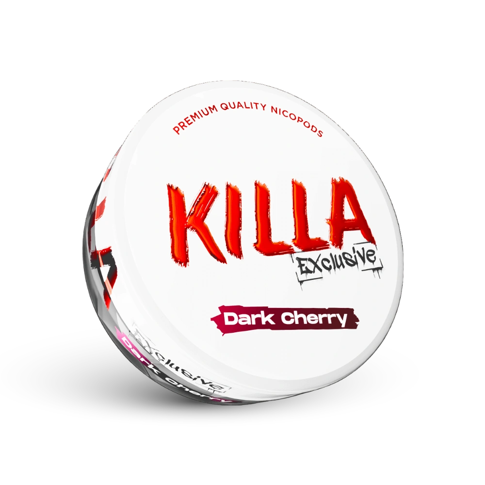 Killa Exclusive Dark Cherry Nicotine Pouches in weißer Dose mit rotem Logo und dunkler Kirschgeschmack Kennzeichnung