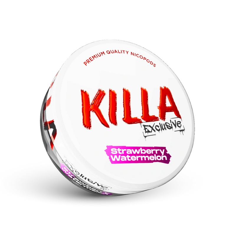 Killa Exclusive Nicotine Pouches Strawberry Watermelon weiße Dose mit roten und pinken Elementen