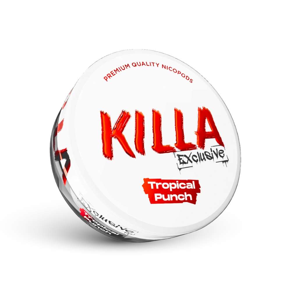 Killa Exclusive Tropical Punch Nicotine Pouches Dose mit rotem Design und tropischem Fruchtaroma