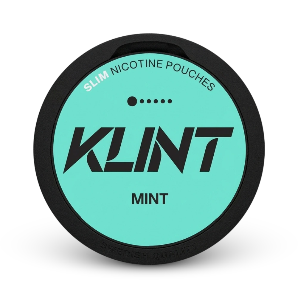 KLINT Mint Slim Nicotine Pouches Dose, türkis mit schwarzem Rand, Medium Stärke