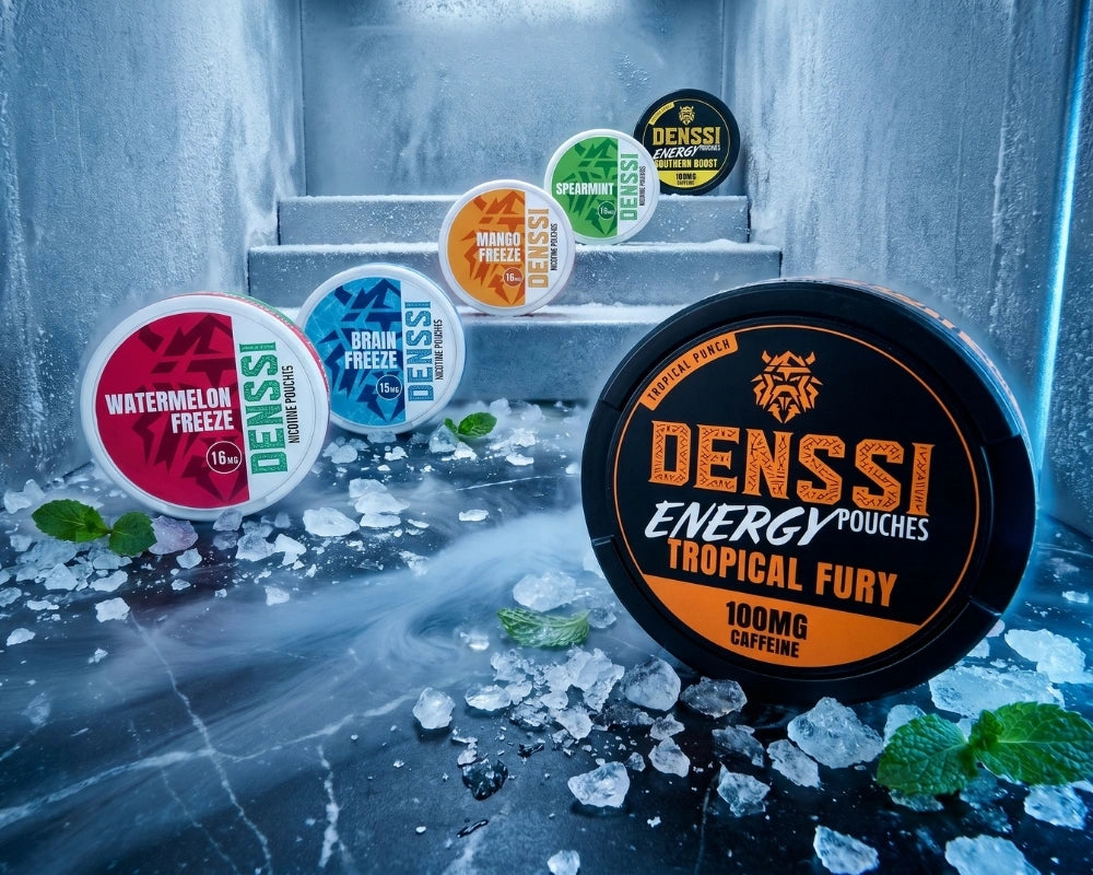 Denssi Energy Pouches Tropical Fury 100mg Koffein und verschiedene Denssi Nicotine Pouches Sorten wie Watermelon Freeze und