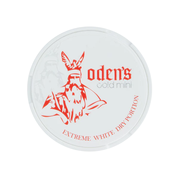 Oden's Cold Extreme White Dry Portion Mini Snus Dose mit rotem Logo und Extreme White Dry Portion Schriftzug