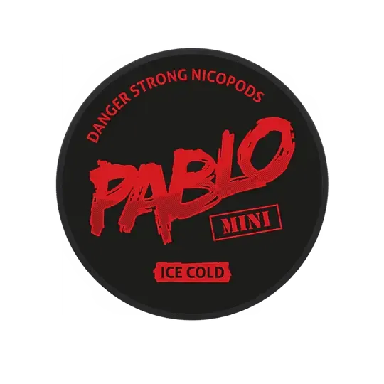 Pablo Ice Cold Mini Nicotine Pouches Dose, Extra Stark, Mint Geschmack mit rotem Logo auf schwarzem Hintergrund