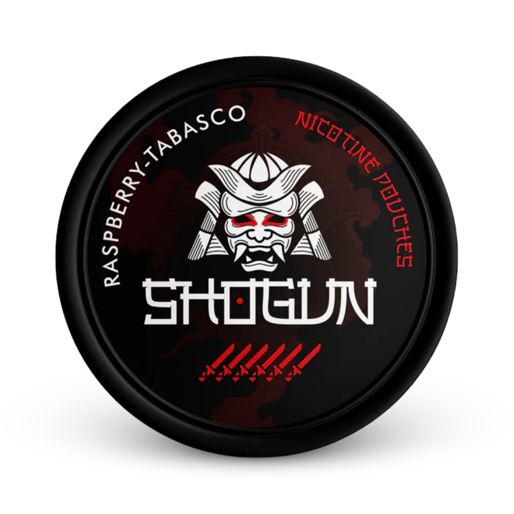 Shogun Raspberry Tabasco Nicotine Pouches, Himbeere-Tabasco Geschmack, schwarze Dose mit Samurai-Logo