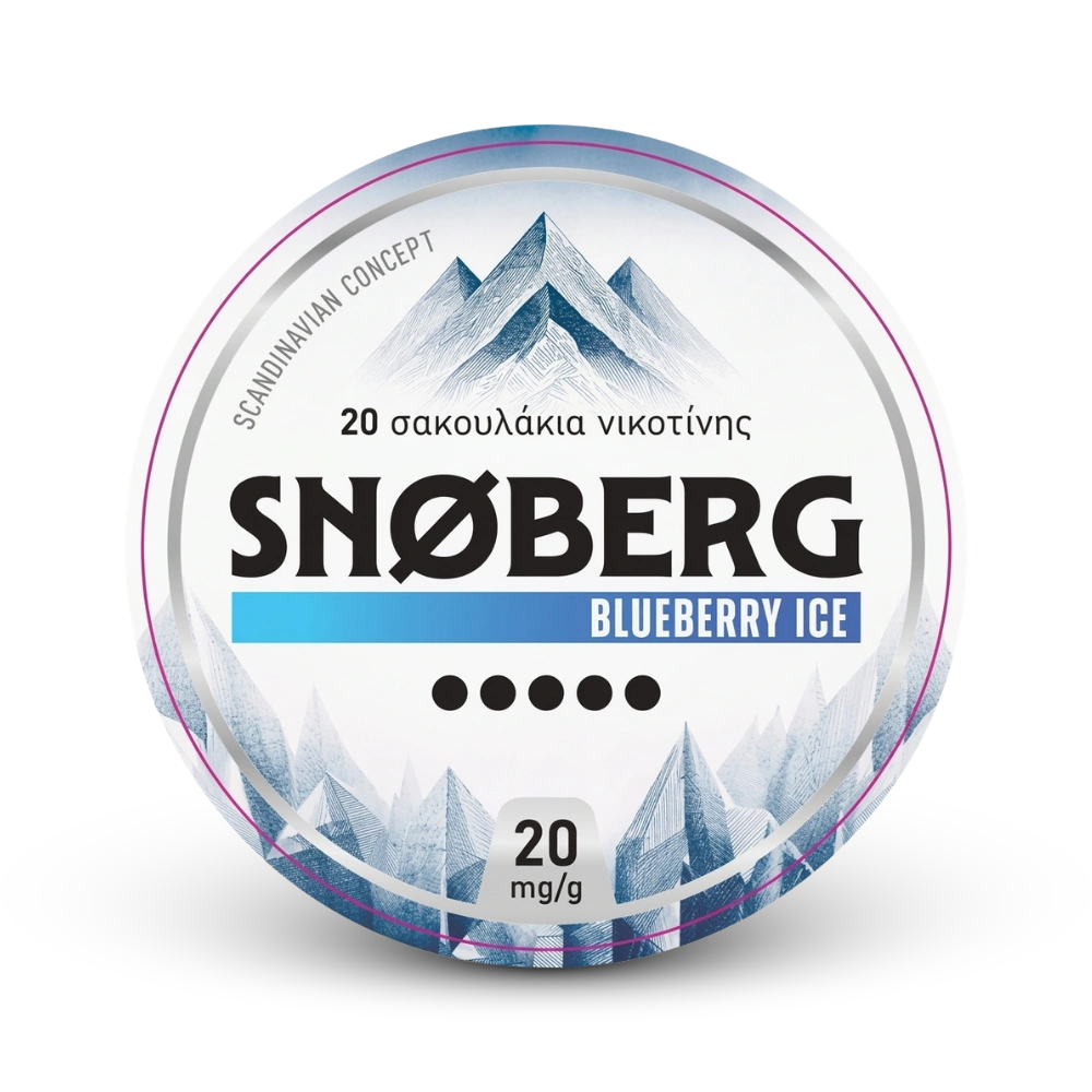 Snoberg Blueberry Ice Nicotine Pouches 20 mg/g, 20 Beutel in weißer Dose mit Bergmotiv