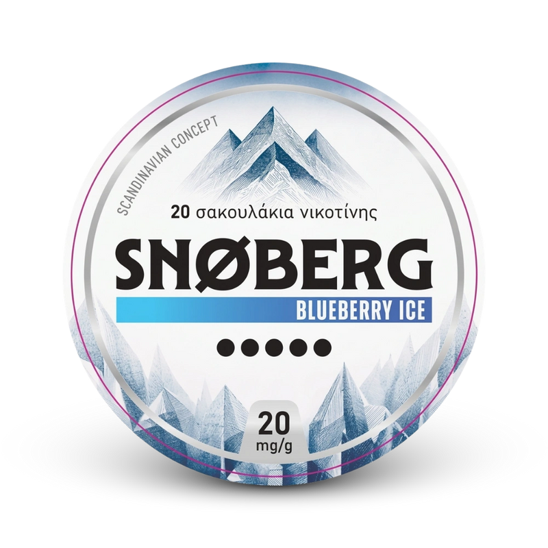 Snoberg Blueberry Ice Nicotine Pouches 20 mg/g, 20 Beutel in weißer Dose mit Bergmotiv