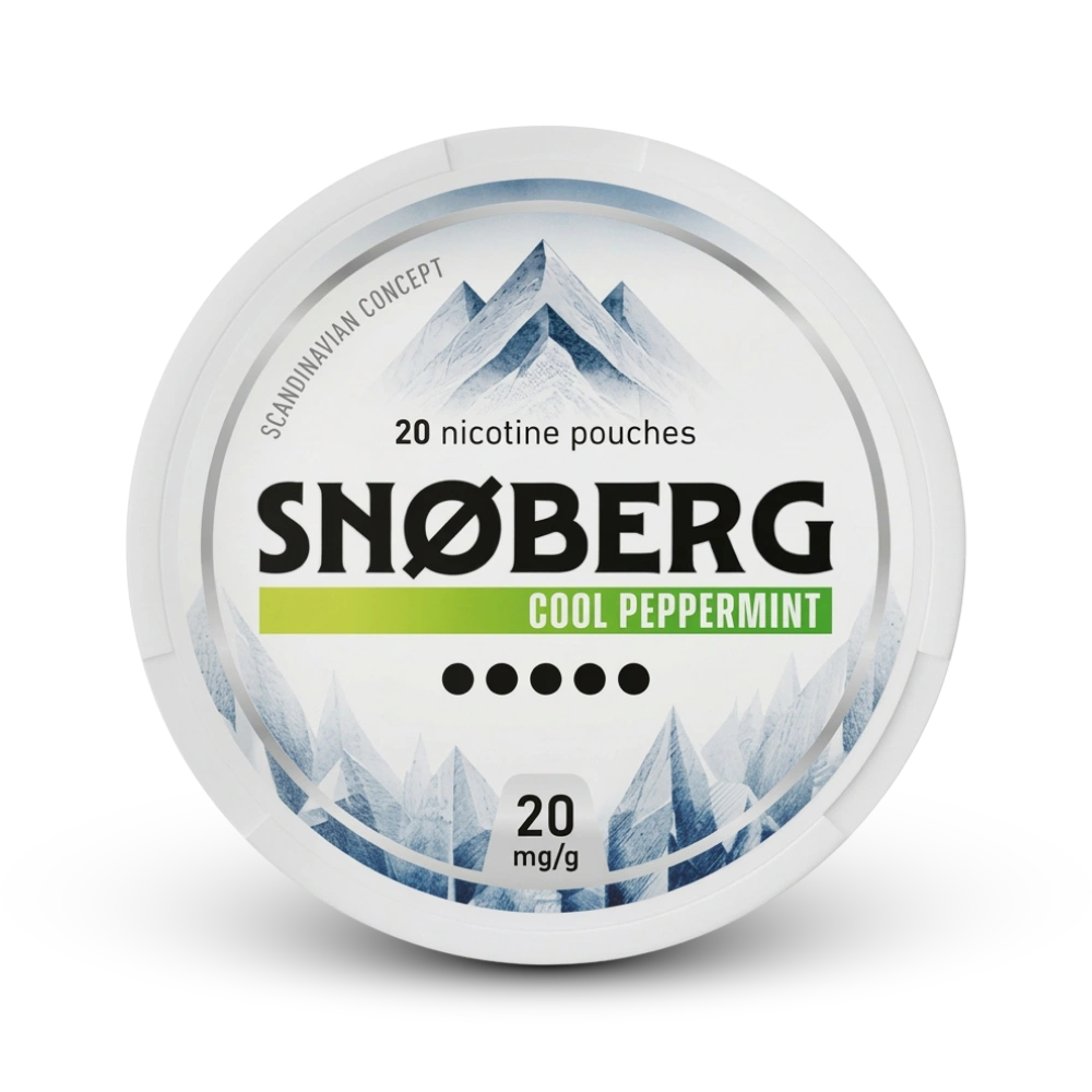 Snoberg Cool Peppermint Nicotine Pouches 20mg, 20 Beutel in weißer Dose mit Bergmotiv