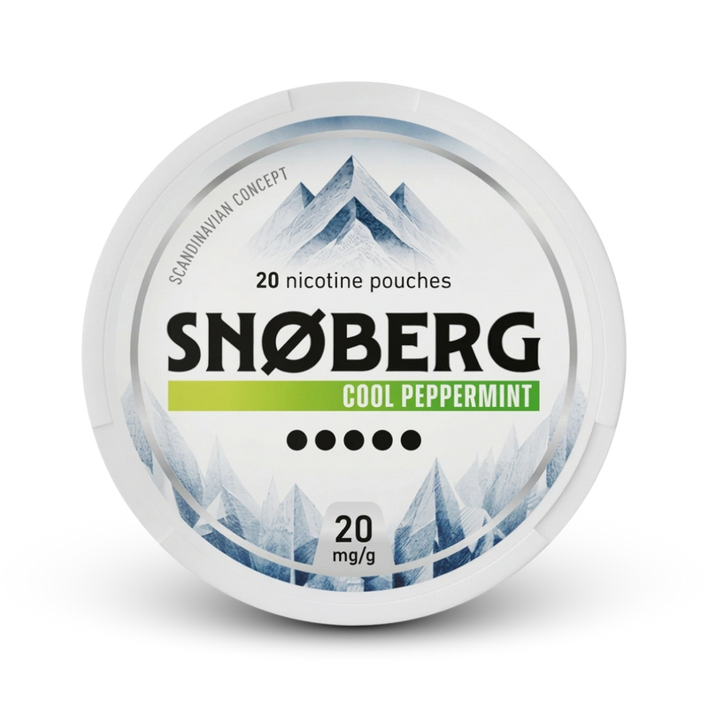 Snoberg Cool Peppermint Nicotine Pouches 20mg, 20 Beutel in weißer Dose mit Bergmotiv