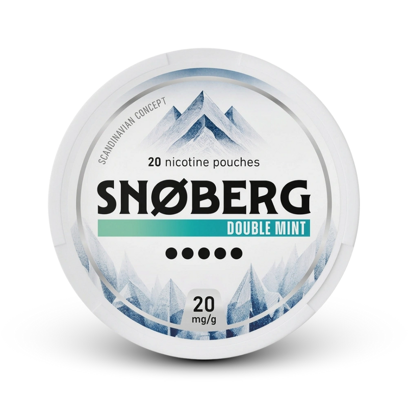 Snøberg Double Mint Nicotine Pouches 20mg/g, 20 Beutel in weißer Dose mit Bergmotiv