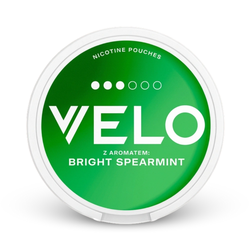 Velo Bright Spearmint Nicotine Pouches, Stärkeklasse 3 von 6, grüne Dose mit weißem Rand