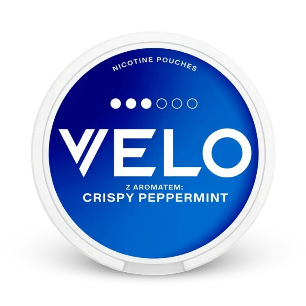 Velo Crispy Peppermint Nicotine Pouches, weiße Dose mit blauem Design, mittlere Stärke 3/6
