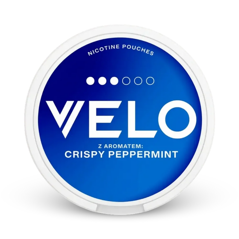 Velo Crispy Peppermint Nicotine Pouches, weiße Dose mit blauem Design, mittlere Stärke 3/6