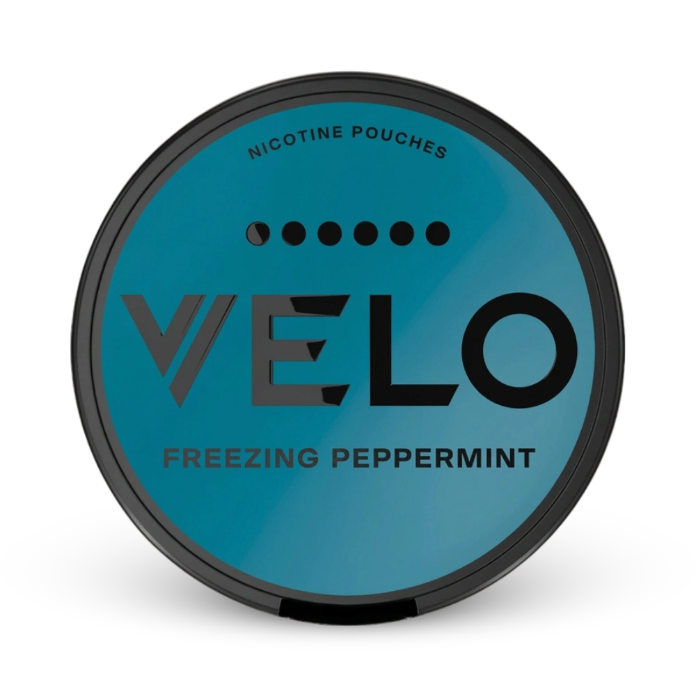 Velo Freezing Peppermint Nicotine Pouches in türkiser Dose mit schwarzem Rand