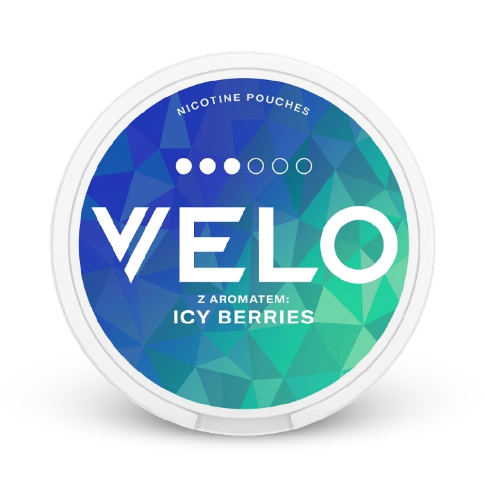 Velo Nicotine Pouches Icy Berries, weiße Dose mit blau-grünem Muster, mittlere Nikotinstärke