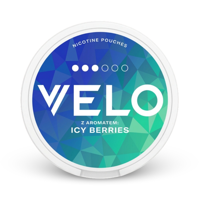 Velo Nicotine Pouches Icy Berries, weiße Dose mit blau-grünem Muster, mittlere Nikotinstärke
