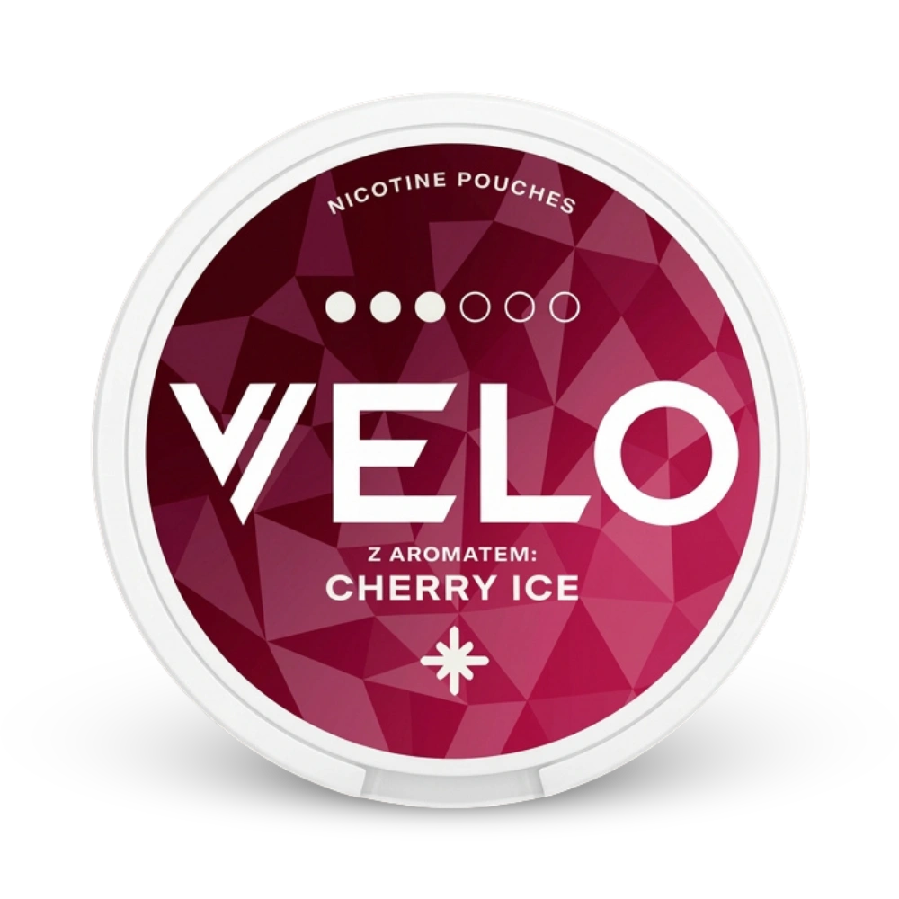 Velo Nicotine Pouches Cherry Ice mit 14mg Stärke, weiße Dose mit weinrotem Muster-Design