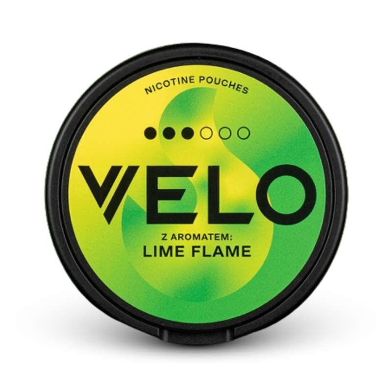 Velo Lime Flame Nicotine Pouches Dose mit Stärkeanzeige und grün-gelbem Design