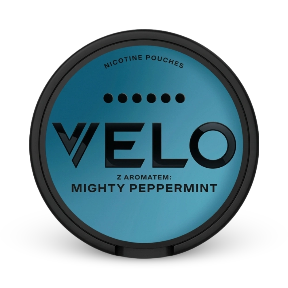 VELO Mighty Peppermint Nicotine Pouches, Dose mit türkisfarbenem Design und schwarzem Rand