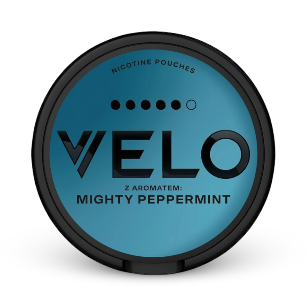 Velo Nicotine Pouches Mighty Peppermint mit Stärkeanzeige auf türkisfarbener Dose